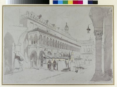 A Palazzo della Ragione és a Piazza delle Erbe, Padova, 1841. május (grafit, akvarell, testfesték, toll és tinta szürke papíron) alkotó: John Ruskin
